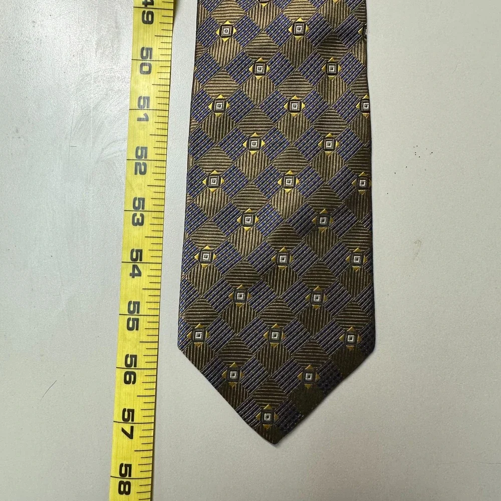 Herve Paris Milan Silk Tie Mens Gold Navy Blue Geometric Diamond Made in Italy